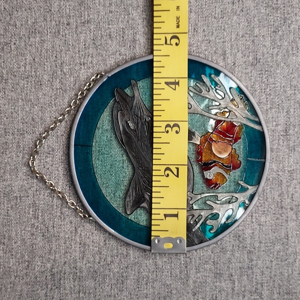 AMIA Dolphin Clownfish Hand Painted Circle Shape Stained Glass Window Art NWT - Picture 2 of 4